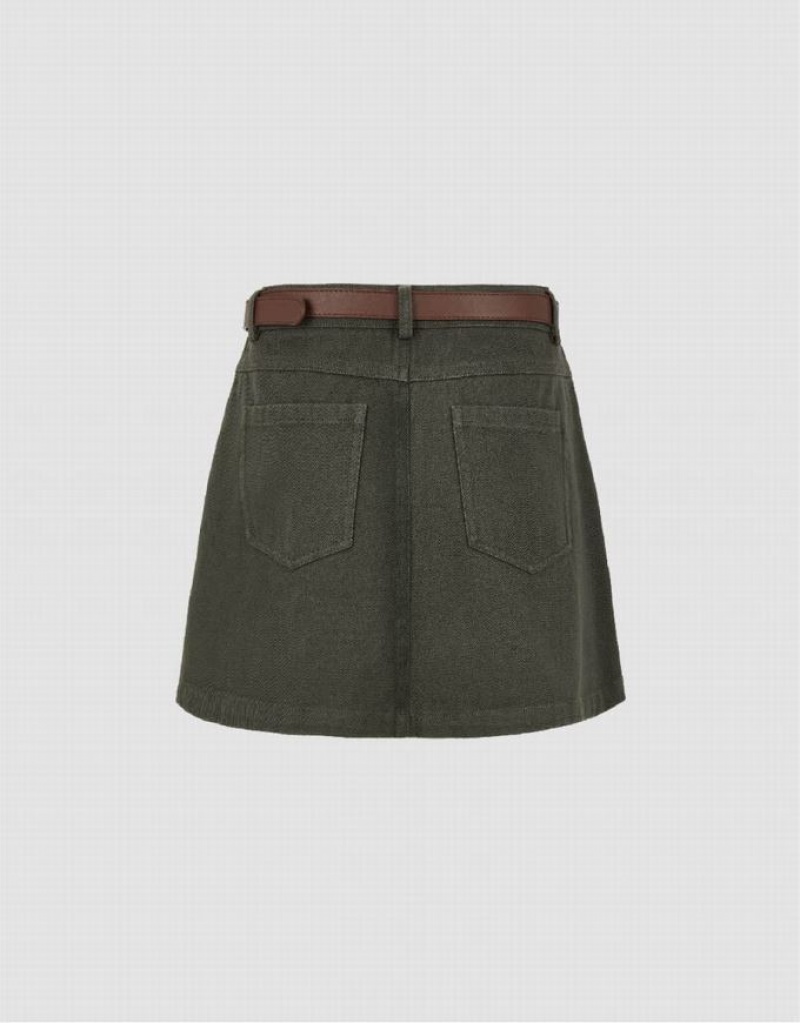 Green Urban Revivo Mini A-Line With Belt Women's Denim Skirt | 06548BQOA