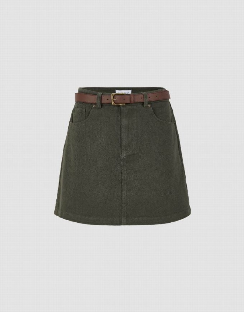 Green Urban Revivo Mini A-Line With Belt Women\'s Denim Skirt | 06548BQOA