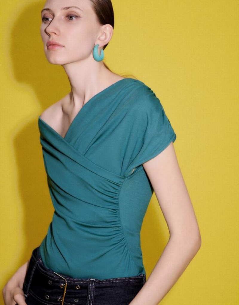 Green Urban Revivo One Shoulder Skinny Women's T-Shirts | 79380XJAK