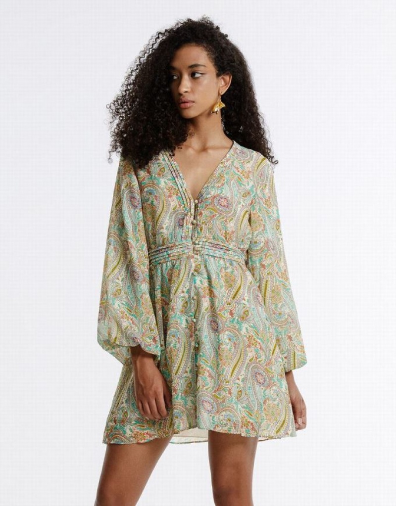 Green Urban Revivo Paisley Print Chiffon Women's Casual Dress | 31569KMUN