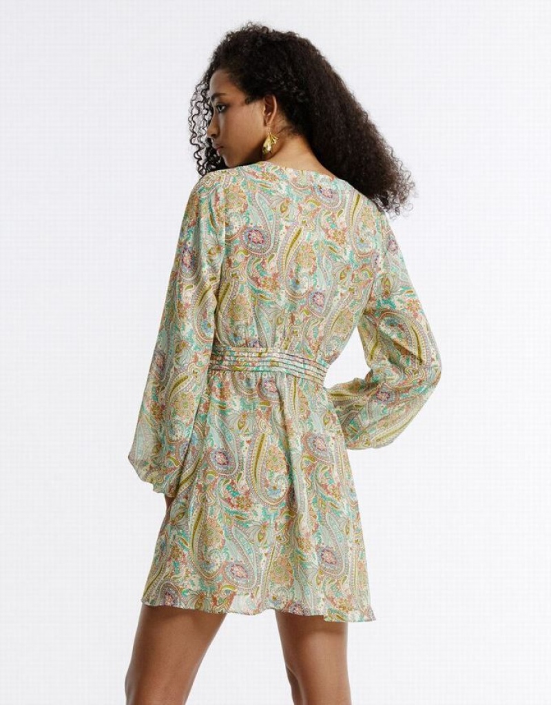 Green Urban Revivo Paisley Print Chiffon Women's Casual Dress | 31569KMUN