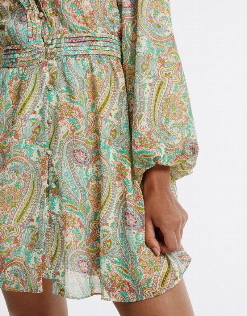 Green Urban Revivo Paisley Print Chiffon Women's Casual Dress | 31569KMUN