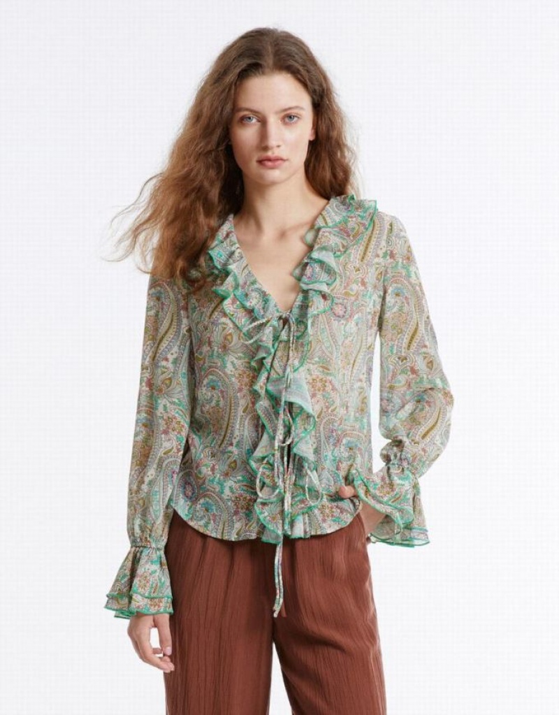 Green Urban Revivo Paisley Print Ruffled Women's Shirts | 69345VEIY