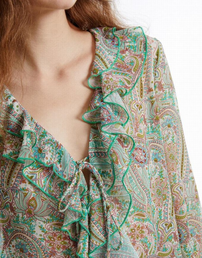 Green Urban Revivo Paisley Print Ruffled Women's Shirts | 69345VEIY