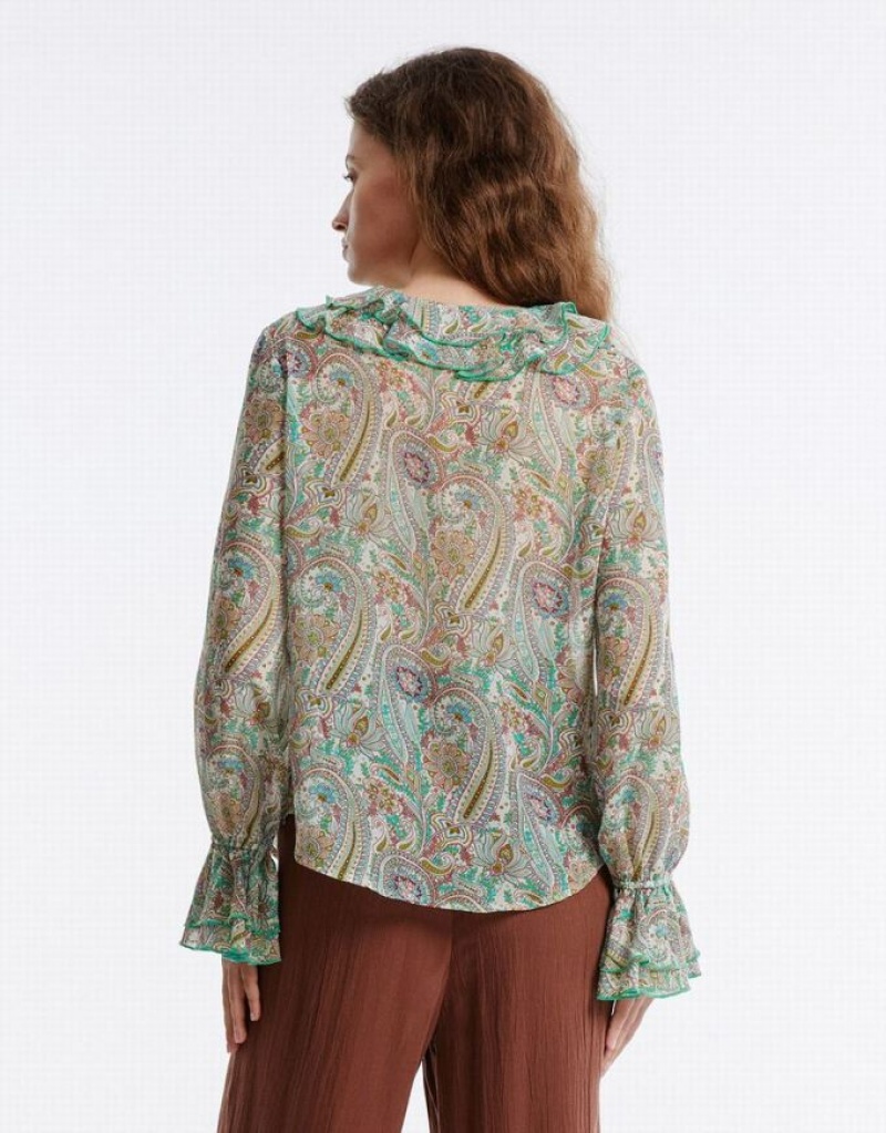 Green Urban Revivo Paisley Print Ruffled Women's Shirts | 69345VEIY