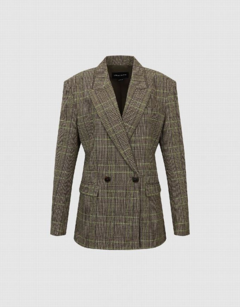 Green Urban Revivo Peak Lapel Plaid Women's Blazers | 62174VRBJ