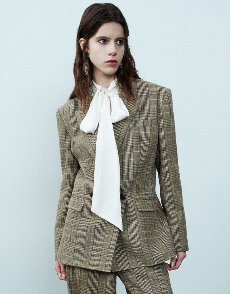 Green Urban Revivo Peak Lapel Plaid Women\'s Blazers | 62174VRBJ