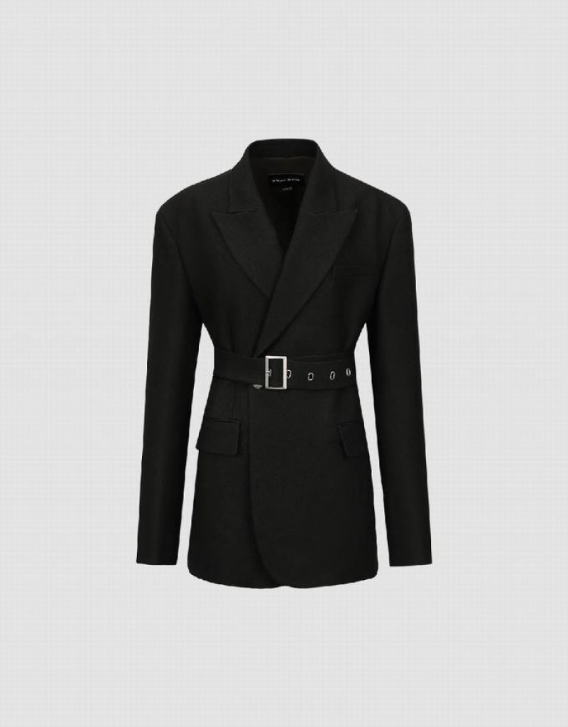 Green Urban Revivo Peak Lapel Tailored With Belt Women's Blazers | 58634PSUT