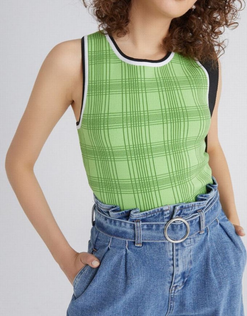 Green Urban Revivo Plaid Jacquard Knitted Women's Tank Top | 63807OLIM