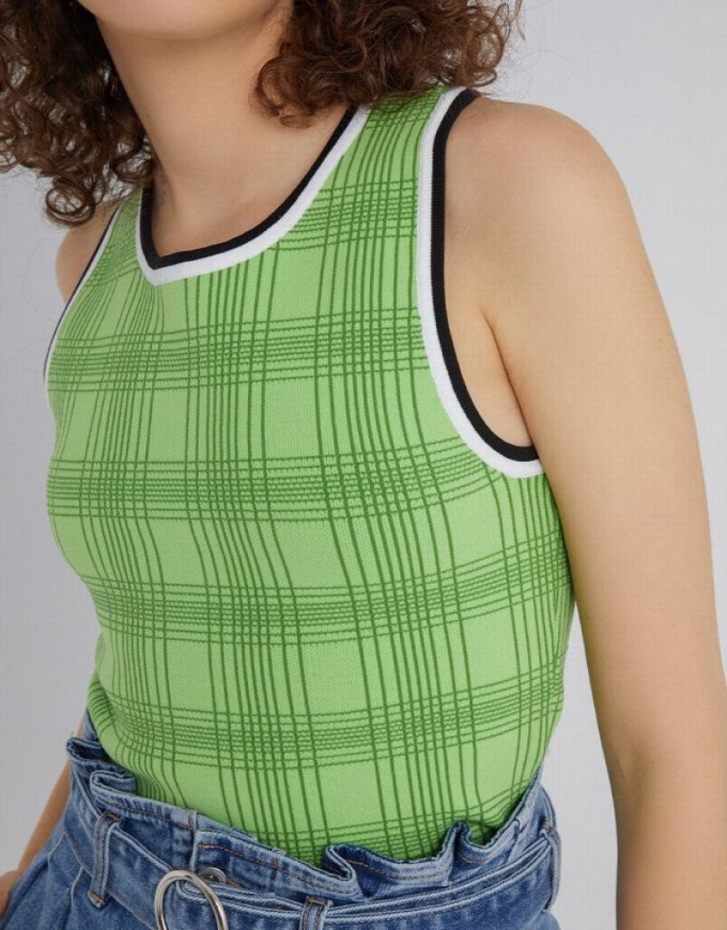 Green Urban Revivo Plaid Jacquard Knitted Women's Tank Top | 63807OLIM