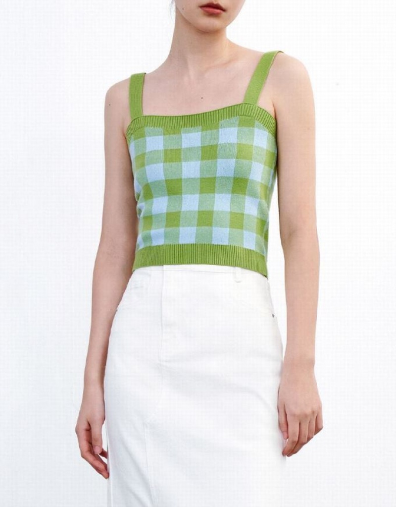 Green Urban Revivo Plaid Knitted Women's Camisole | 49038WYJF