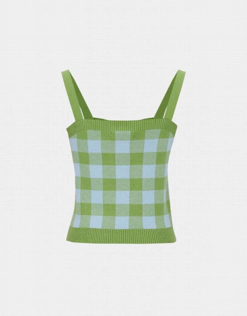 Green Urban Revivo Plaid Knitted Women's Camisole | 49038WYJF