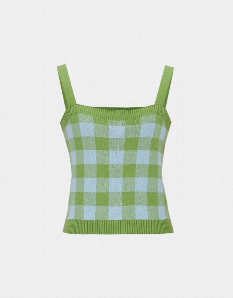 Green Urban Revivo Plaid Knitted Women\'s Camisole | 49038WYJF