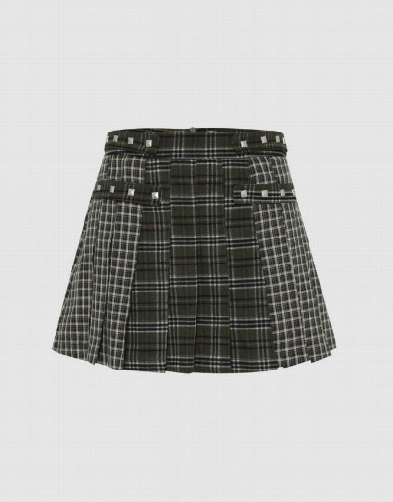 Green Urban Revivo Plaid Mini A-Line Women\'s Skirts | 10578UORC