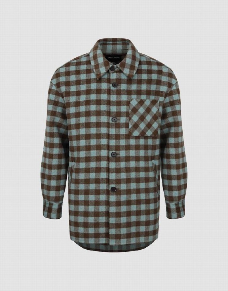 Green Urban Revivo Plaid Straight Woolen Men's Jacket | 15324NFXK