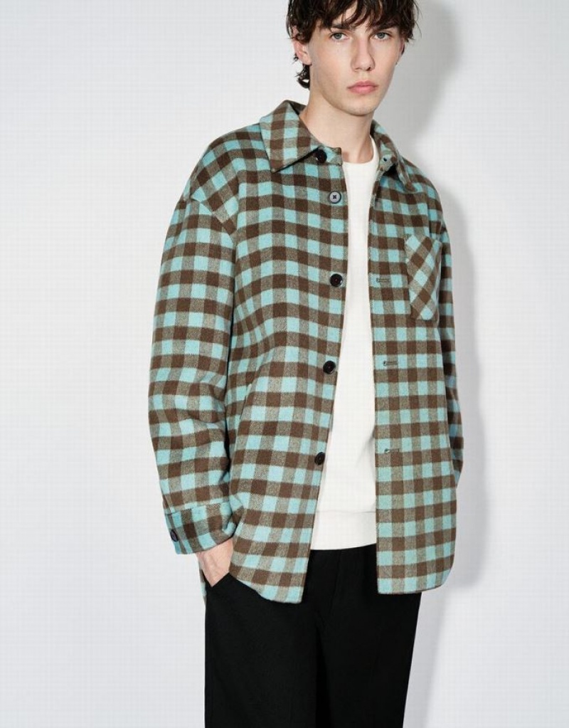 Green Urban Revivo Plaid Straight Woolen Men's Jacket | 15324NFXK