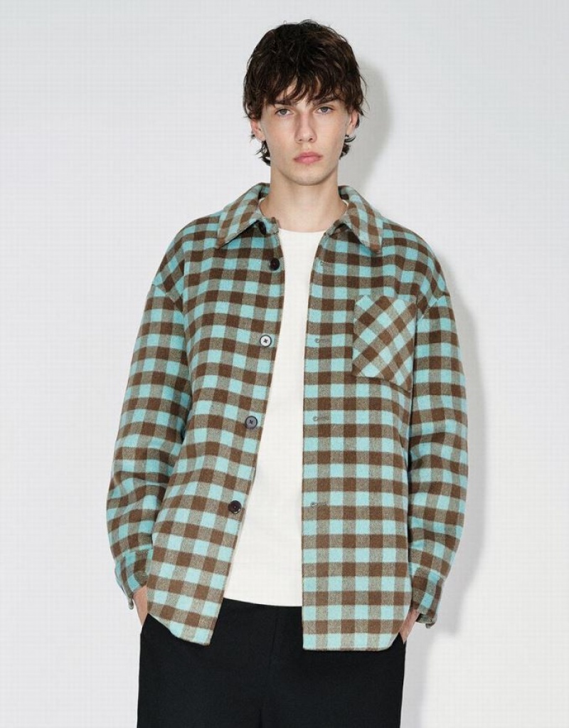 Green Urban Revivo Plaid Straight Woolen Men\'s Jacket | 15324NFXK