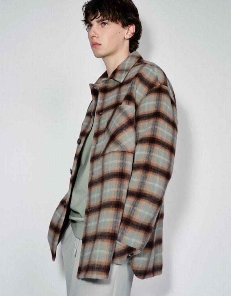 Green Urban Revivo Plaid Straight Woolen Men's Jacket | 89623RVZX