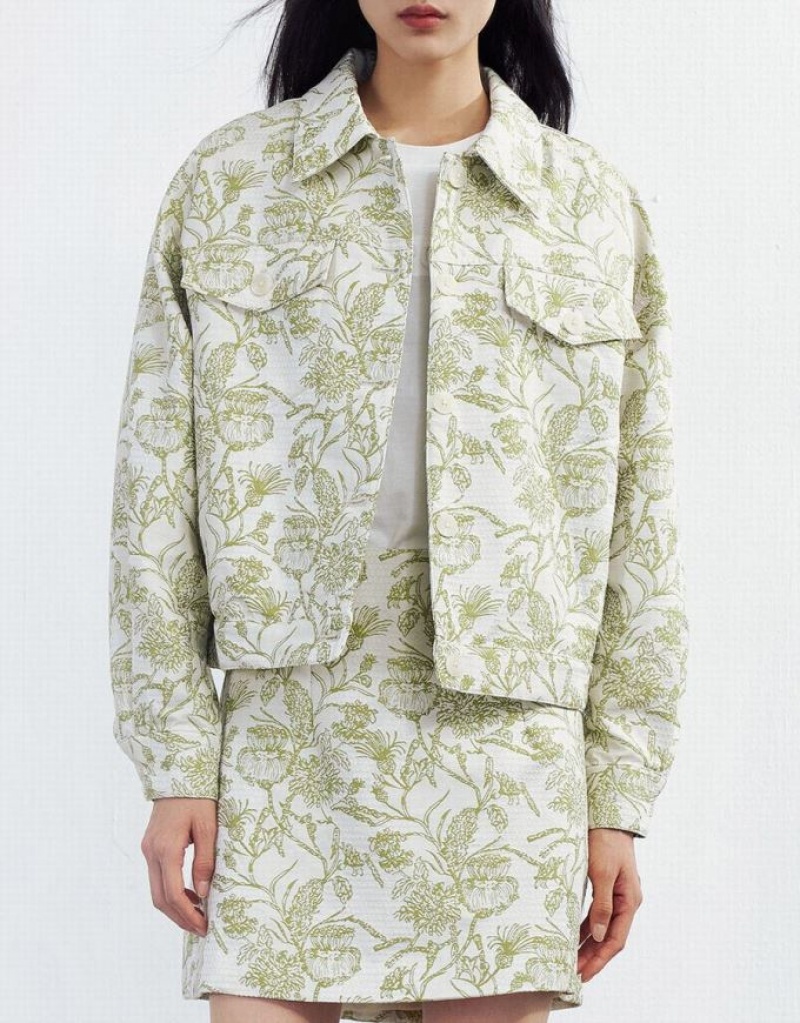 Green Urban Revivo Plant Print Button Up Women's Jacket | 70621KUDZ