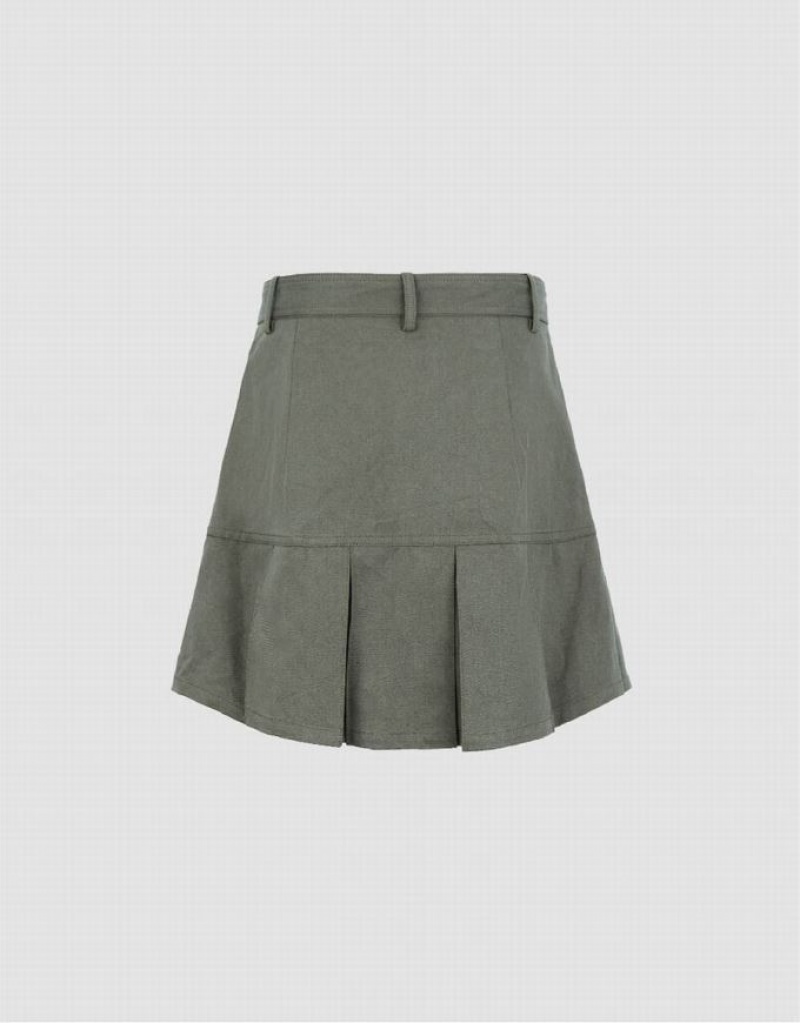 Green Urban Revivo Pleated Mini A-Line With Belt Women's Skirts | 07184PCJM