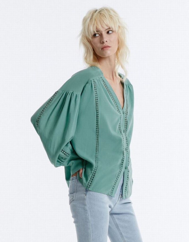 Green Urban Revivo Pointelle Buttoned Women's Shirts | 82170ATPU