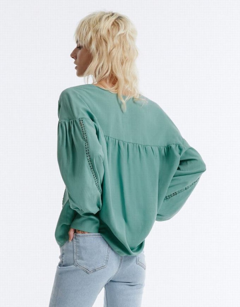 Green Urban Revivo Pointelle Buttoned Women's Shirts | 82170ATPU