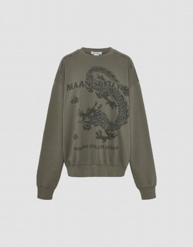 Green Urban Revivo Printed Crew Neck Oversized Women's Sweatshirts | 29056NLKE