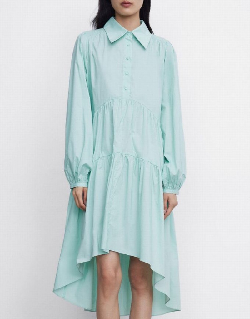 Green Urban Revivo Puff Sleeve Asymmetrical Hem Women's Shirt Dress | 28165CBLJ