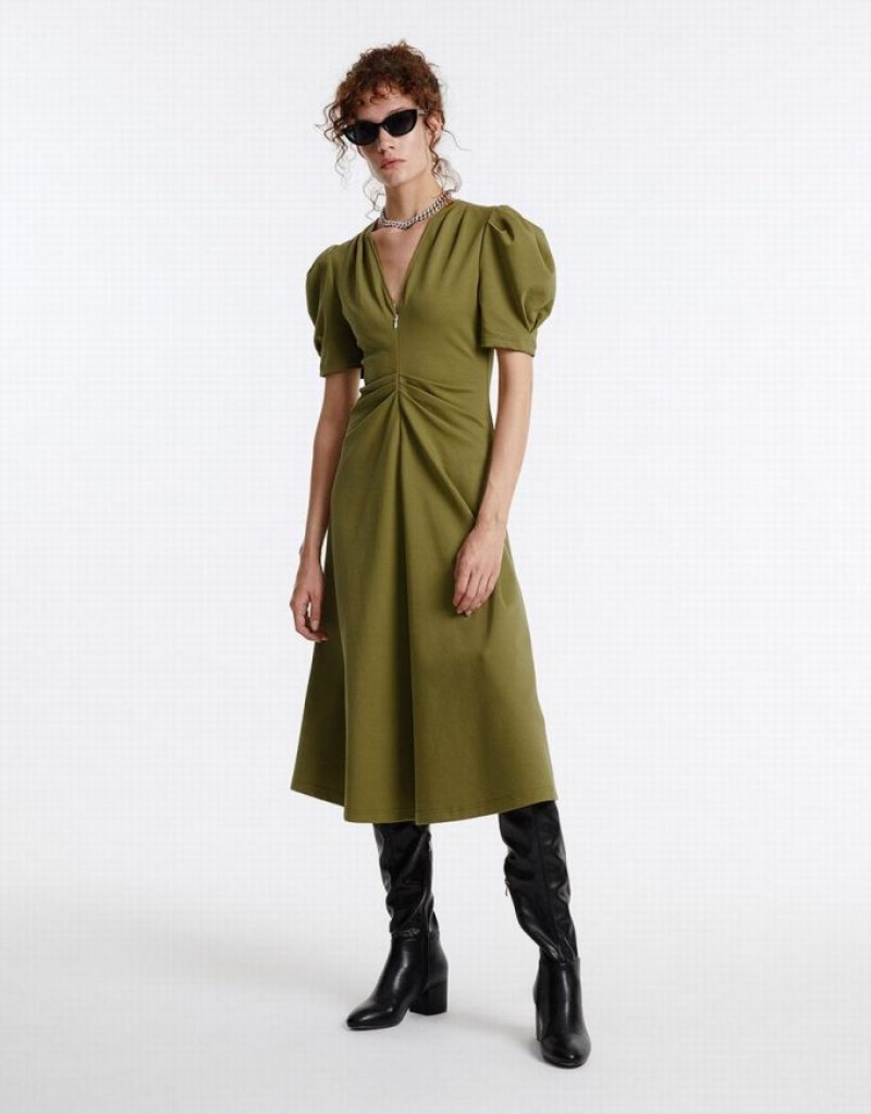 Green Urban Revivo Puff Sleeve Ruched Women's Casual Dress | 72045IPYG