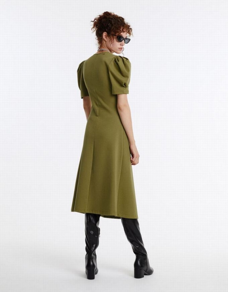 Green Urban Revivo Puff Sleeve Ruched Women's Casual Dress | 72045IPYG