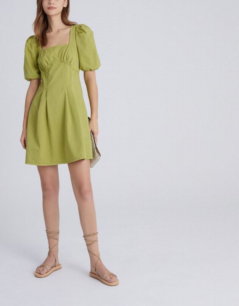 Green Urban Revivo Puff Sleeve Square Neck Women's Denim Dress | 38201JOQW