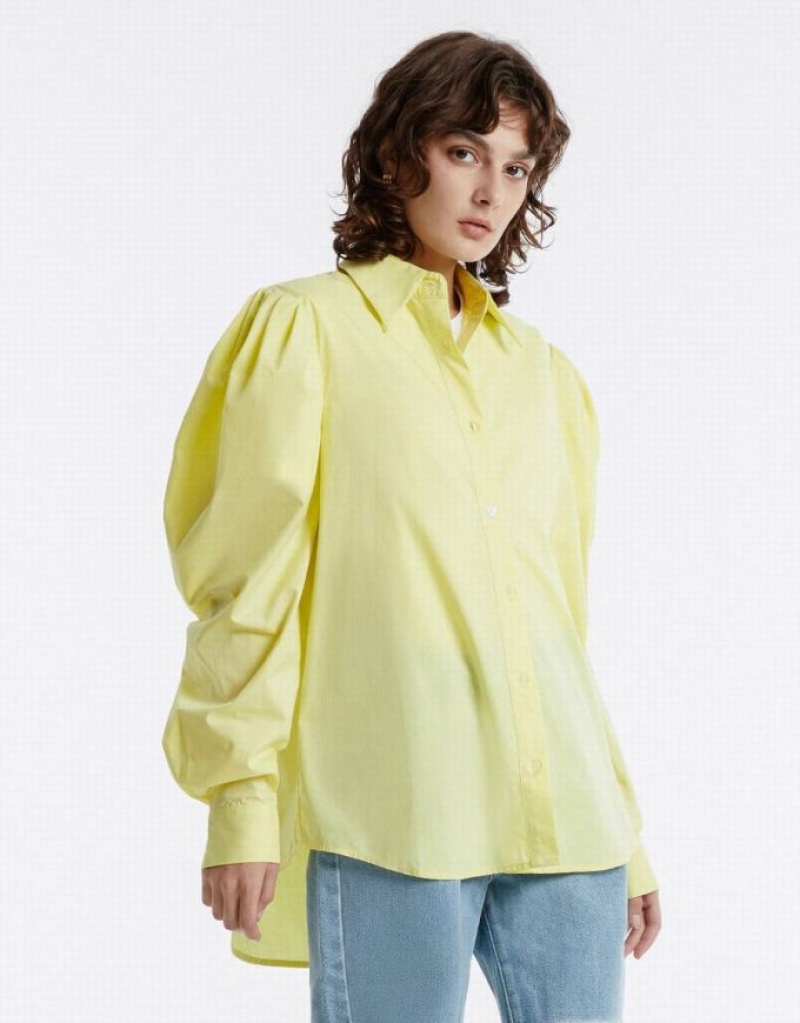 Green Urban Revivo Puff Sleeve Women's Shirts | 89036NGLB