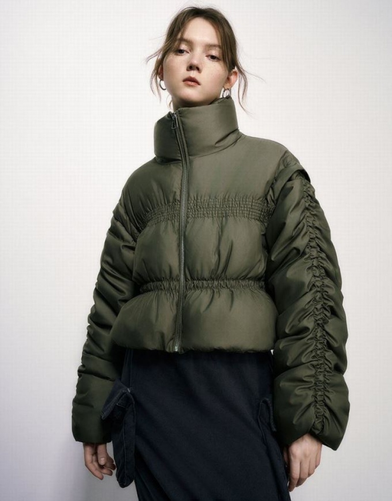 Green Urban Revivo Raglan Sleeve Stand Collar Women\'s Puffer Jacket | 69235FQNT