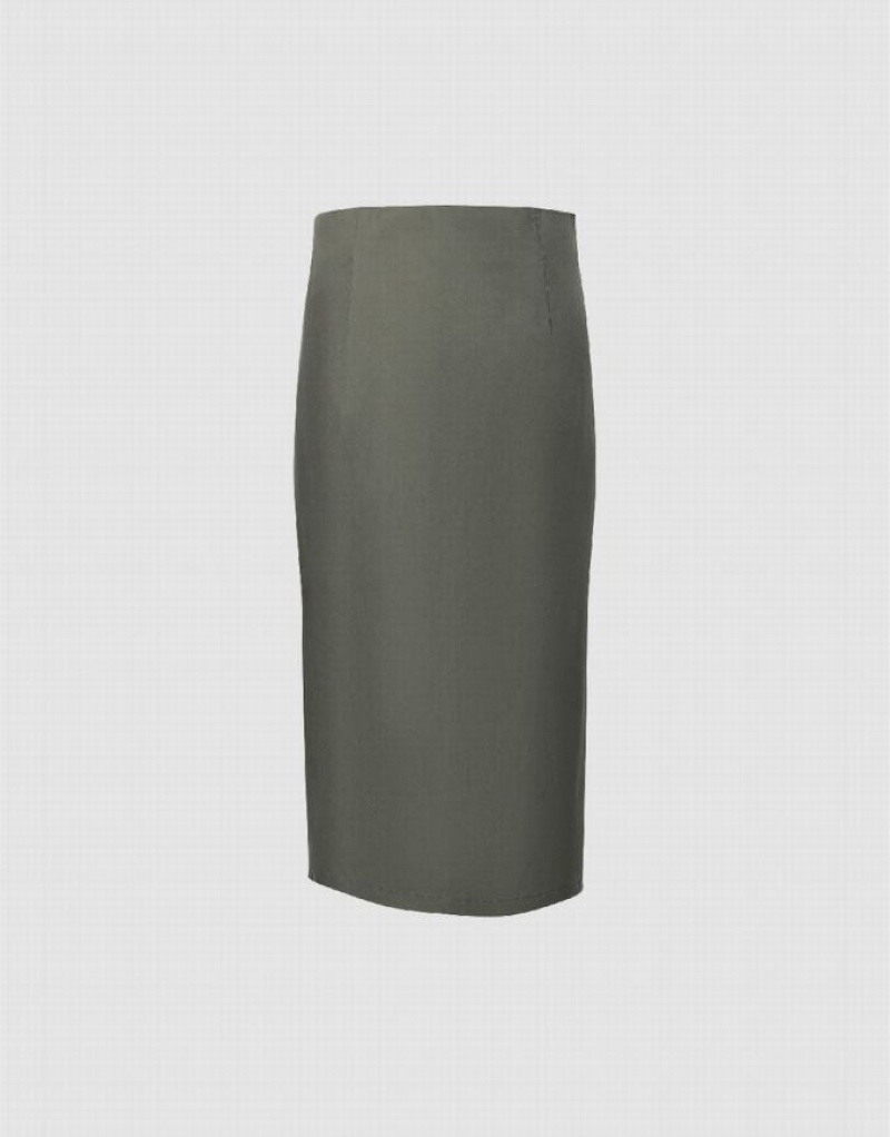 Green Urban Revivo Ruched Midi Straight Women's Skirts | 70543LGHK