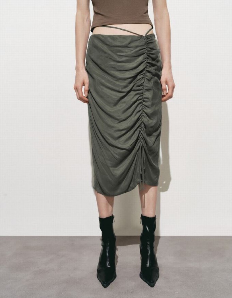 Green Urban Revivo Ruched Midi Straight Women's Skirts | 70543LGHK