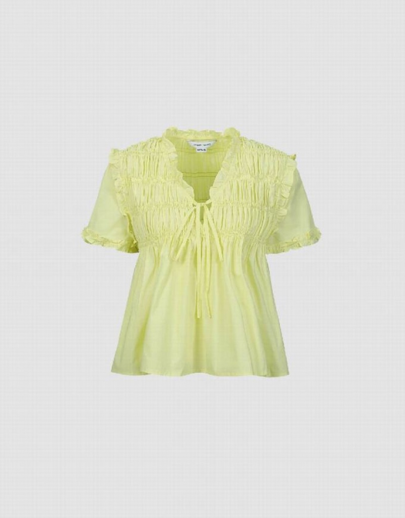 Green Urban Revivo Shirred Puff Sleeve Overhead Women's Blouse | 60713SNJP