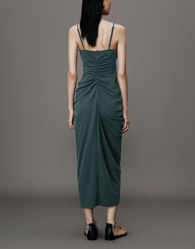 Green Urban Revivo Sleeveless Skinny Balloon Women's Dress | 02467YWNU