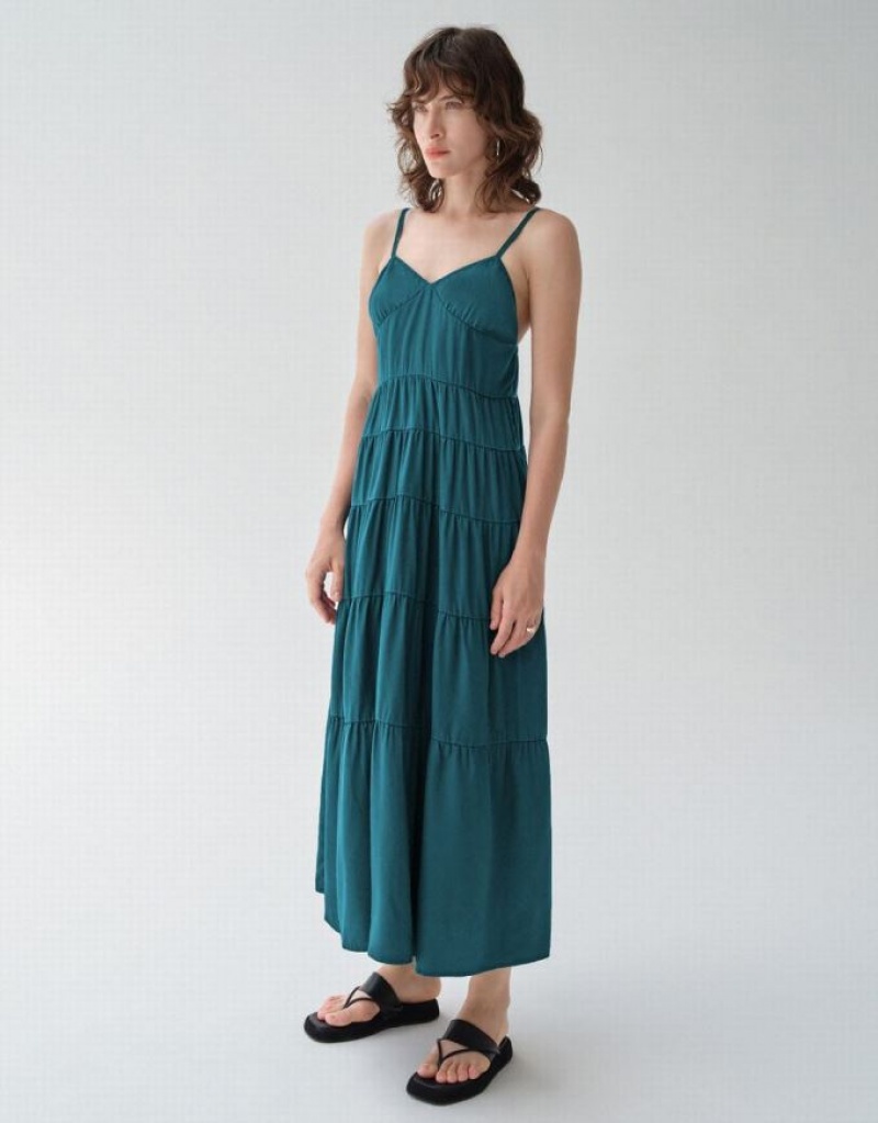 Green Urban Revivo Sleeveless V-Neck Women's Denim Dress | 89045GXYT