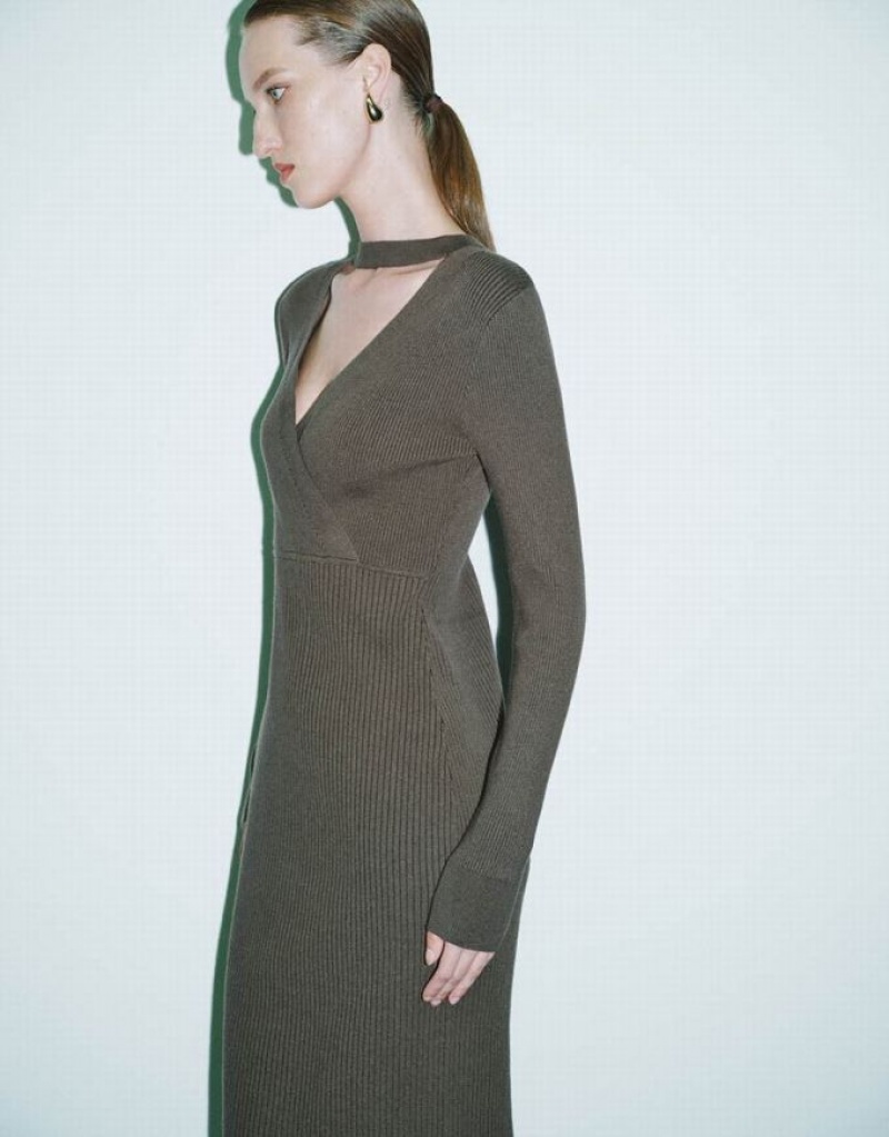 Green Urban Revivo Split Hem Skinny Straight Women's Knitted Dress | 98120XQZV