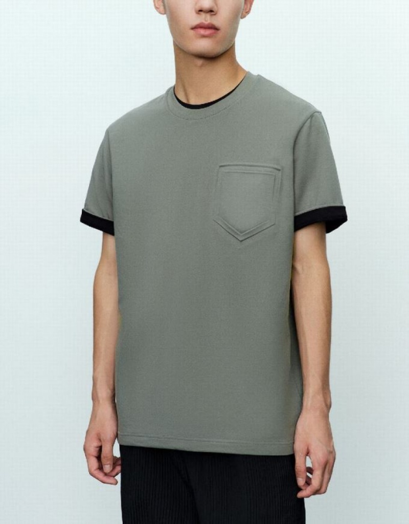 Green Urban Revivo Straight Crew Neck Men's T-Shirts | 15249NEHC