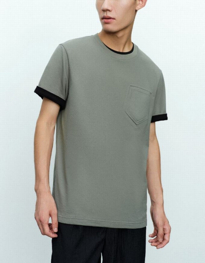 Green Urban Revivo Straight Crew Neck Men's T-Shirts | 15249NEHC