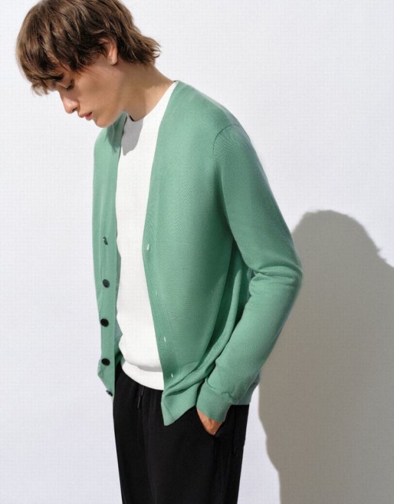 Green Urban Revivo Straight Knitted Men's Cardigan | 86235BHAG