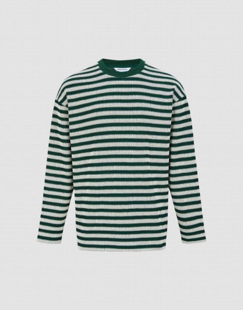 Green Urban Revivo Striped Sleeve Crew Neck Men's T-Shirts | 97340STEI