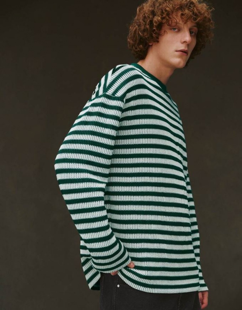 Green Urban Revivo Striped Sleeve Crew Neck Men's T-Shirts | 97340STEI