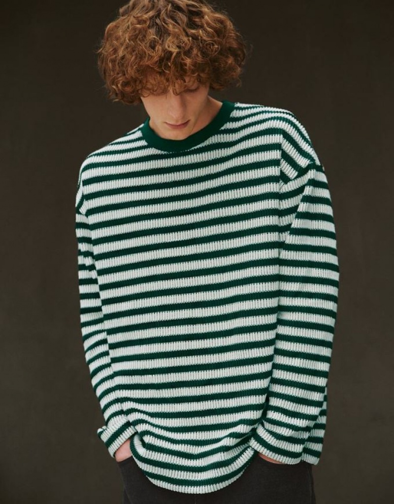 Green Urban Revivo Striped Sleeve Crew Neck Men\'s T-Shirts | 97340STEI