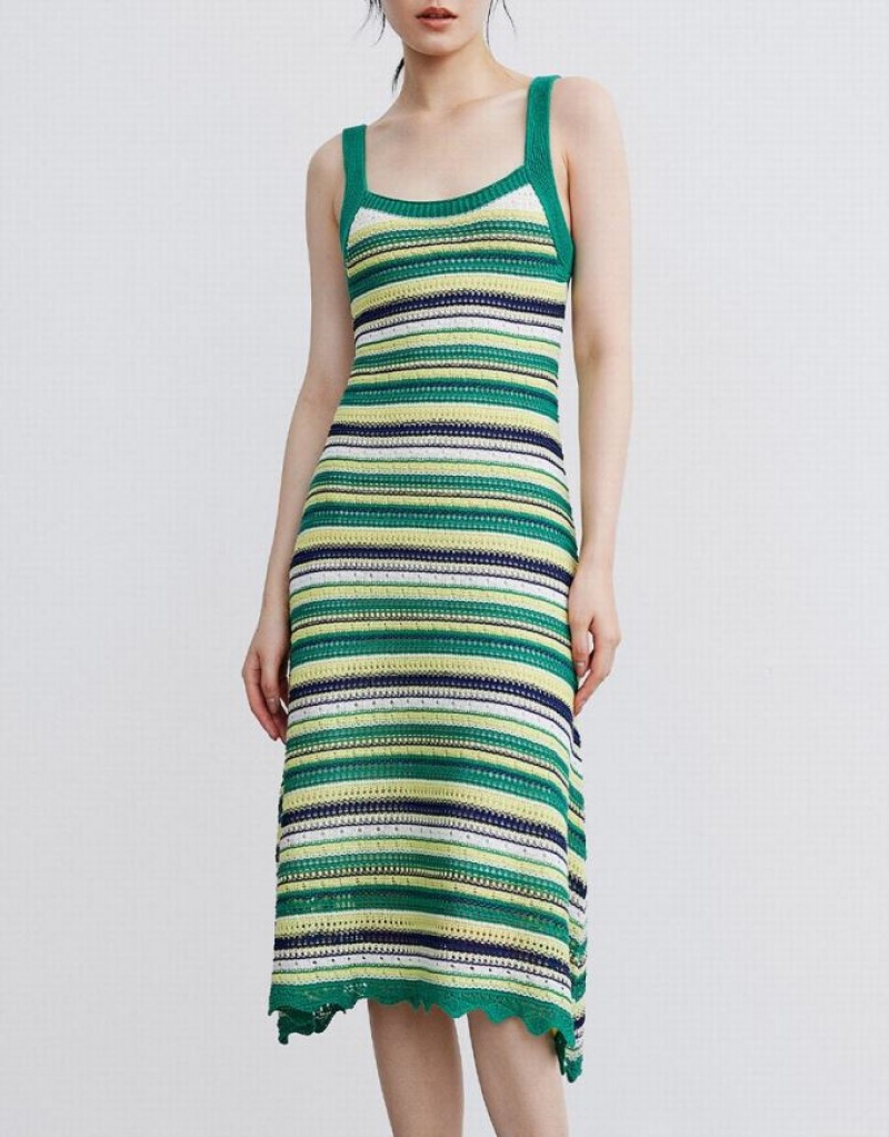 Green Urban Revivo Striped Cami Women's Knitted Dress | 78302SUYB