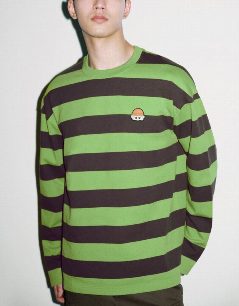 Green Urban Revivo Striped Crew Neck Knitted Men's T-Shirts | 95367YZLP