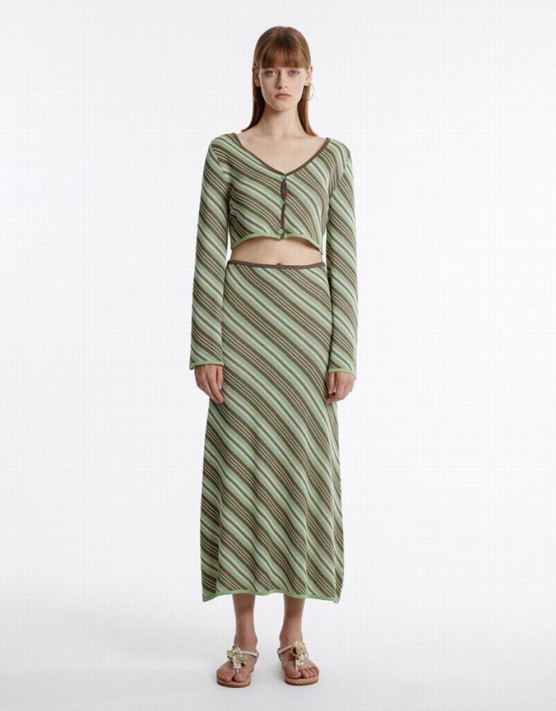 Green Urban Revivo Striped Knit Women's Skirts | 76190BXEL