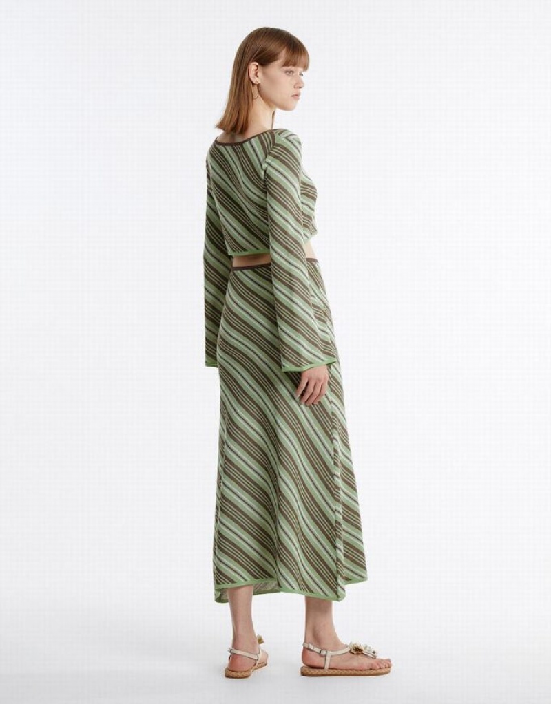 Green Urban Revivo Striped Knit Women's Skirts | 76190BXEL