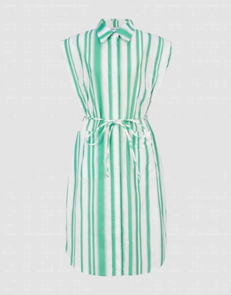 Green Urban Revivo Striped Sleeveless Women's Shirt Dress | 71530TQVD